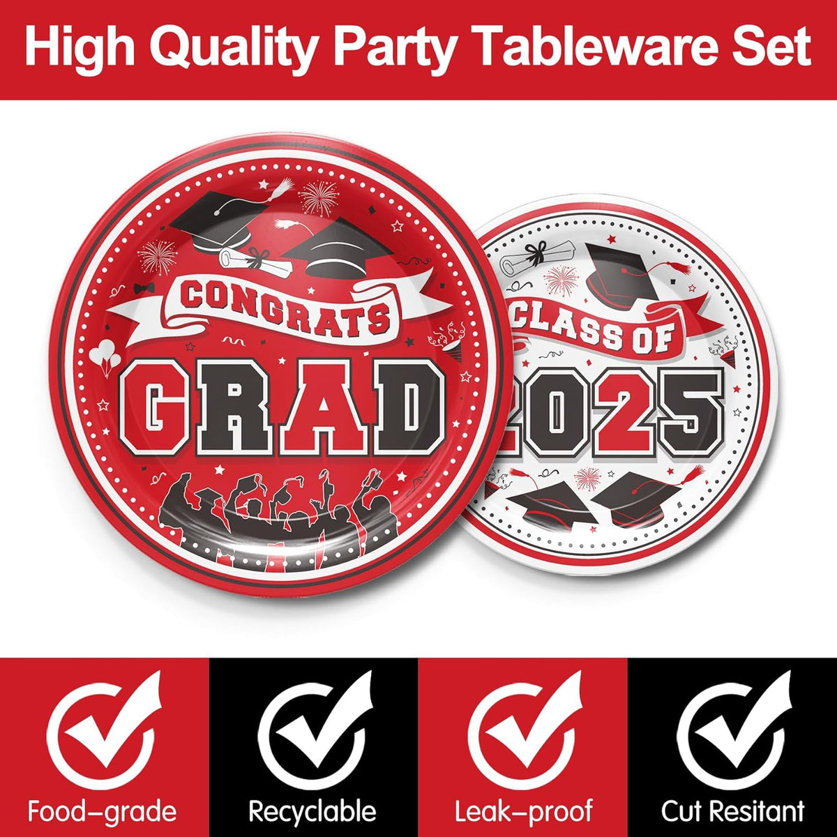 Graduation Decorations Class of 2025 - Red Graduation Party Supplies 2025 Include Plates, Cups, Napkins, Cutlery, 24 Guests