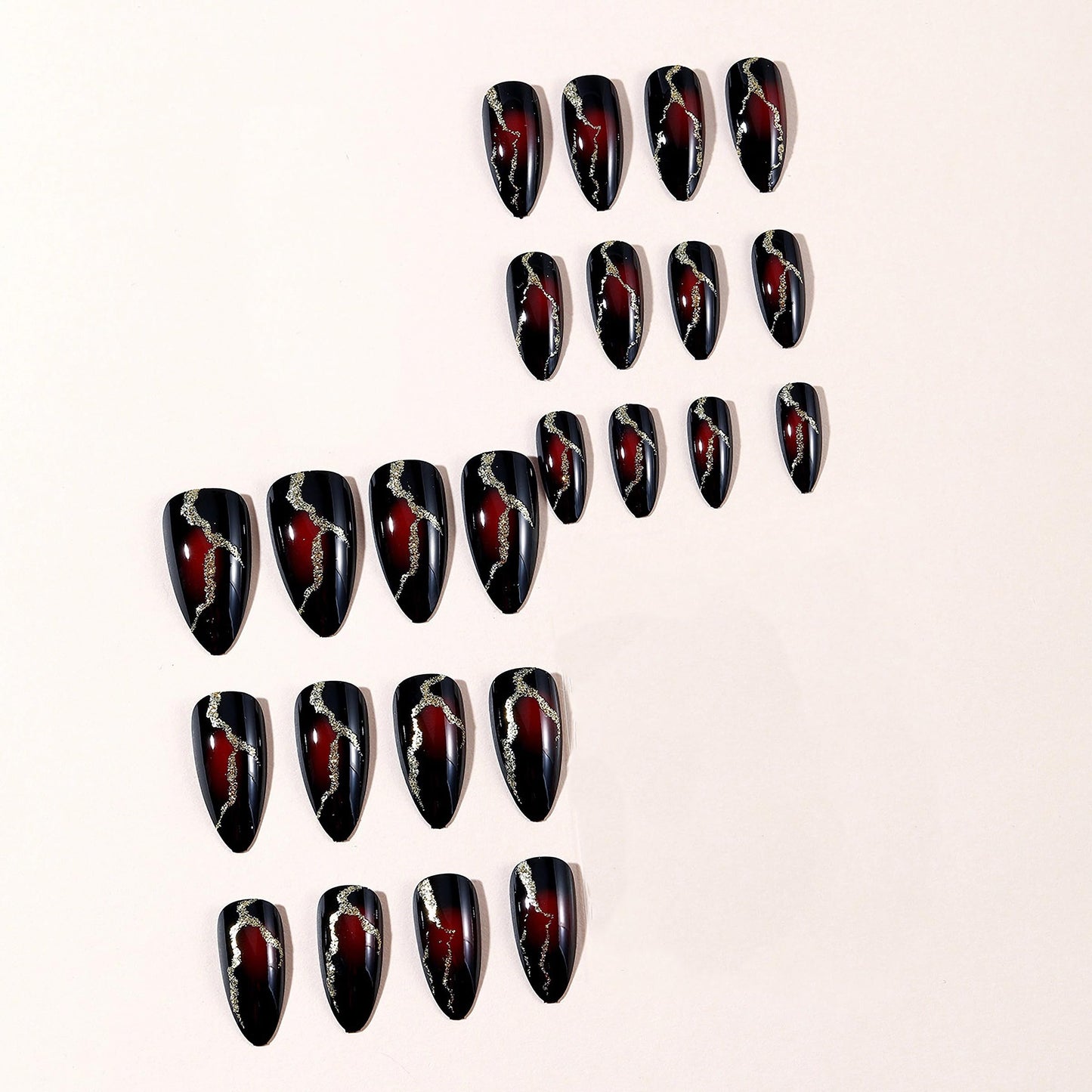 MERVF Press on Nails Medium Almond, Black Fake Nails Red Gradient Glue ons Gold Glitter Lines Design Goth Acrylic Nail Glossy 24pcs