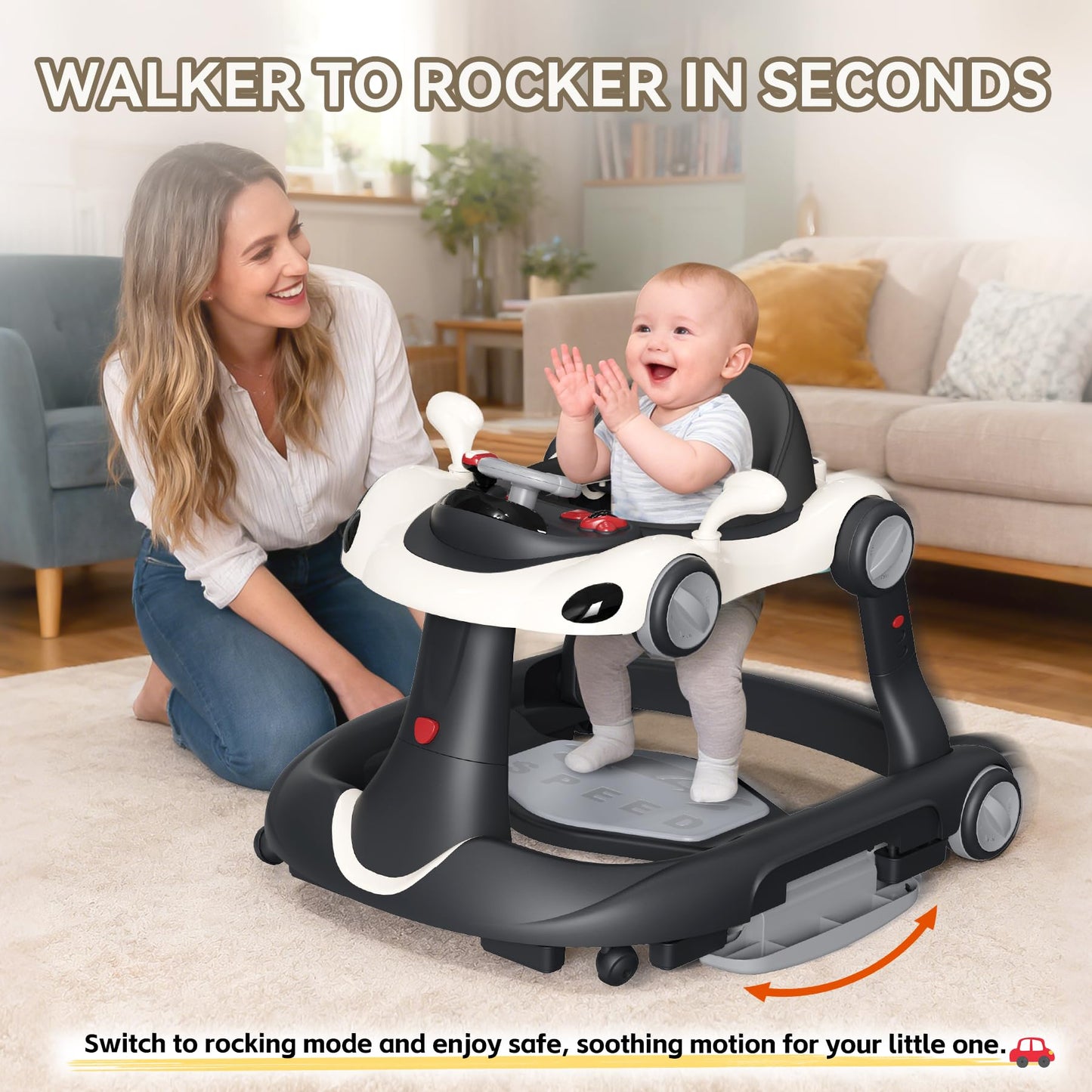 Baby Walker with Wheels, 7-in-1 Foldable Baby Walkers for Boys Girls 6-12 Months with Feeding Tray & Music, Lights,Rocker,Sun Canopy, Bouncing Pedal, Adjustable Wheel Speed, Push Walker (Black)
