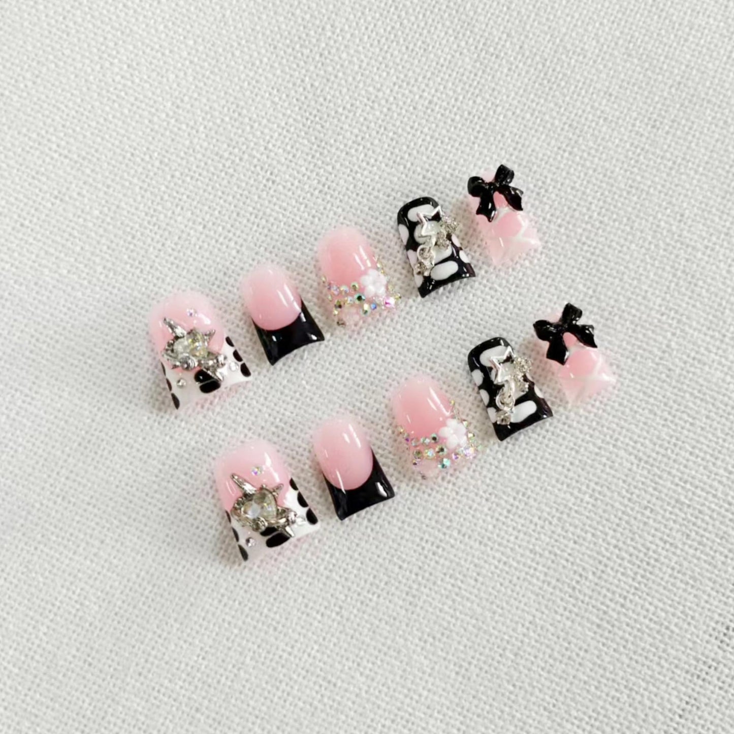 Handmade Duck Press on Nails Medium Fake Nails Black French Tip Press on Nails with 3D Bow Rhinestone Design Multi Gel Acrylic False Nails Luxury Duck Nails Press ons for Women Manicure 10Pcs(Size M)