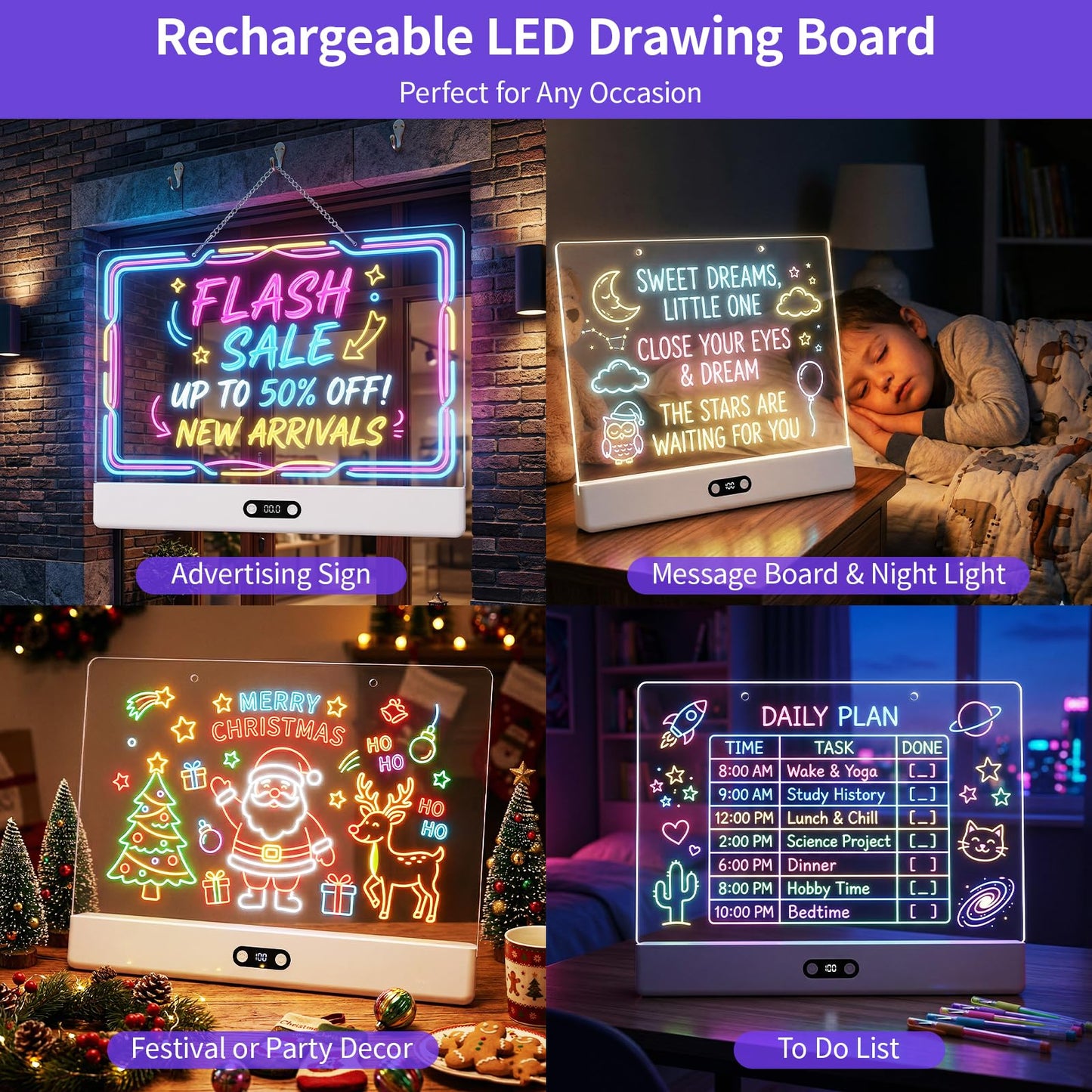KOBAIBAN LED Drawing Board for Kids, 16” Rechargeable Light Up Drawing Pad with 1500mAh Battery, 11 Light Modes Neon Dry Erase Board, LED Note Pad for Message, Night Light, Gifts for Girls Boys
