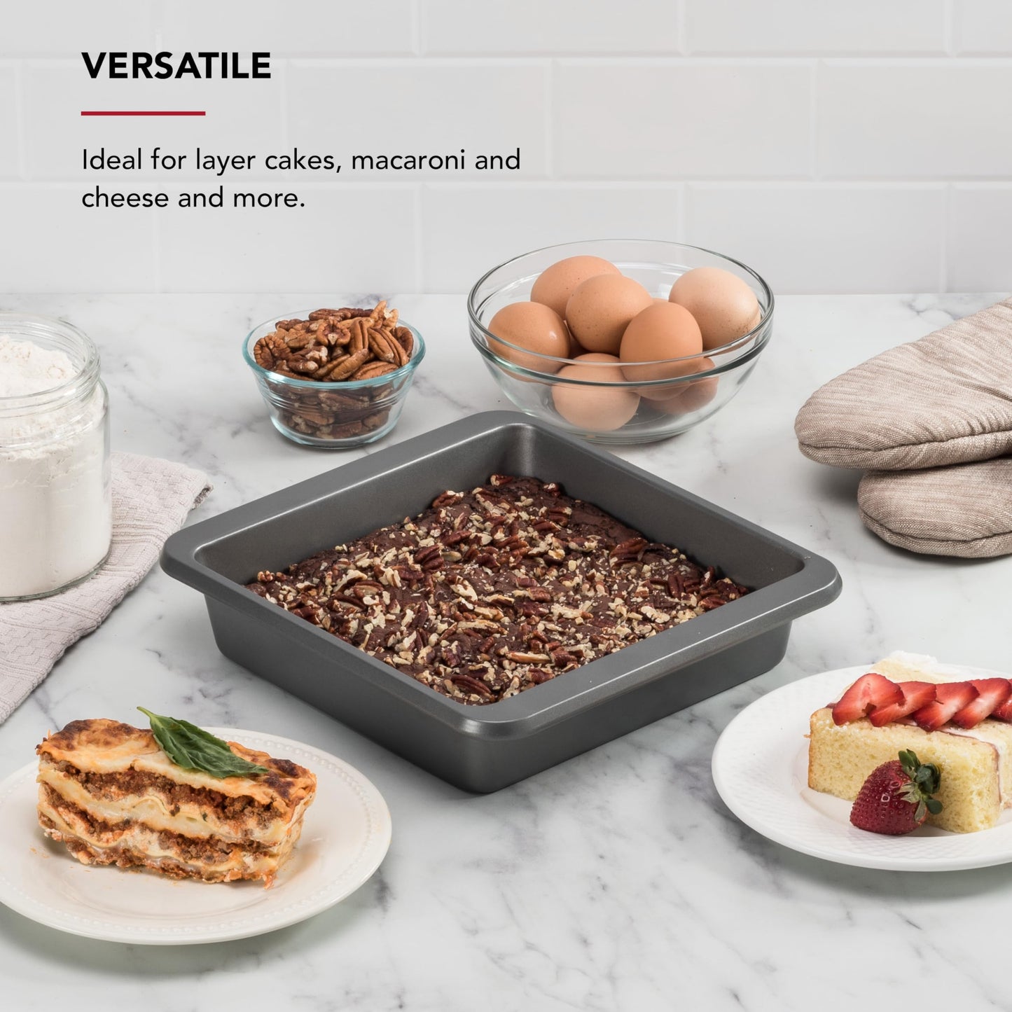 KitchenAid Nonstick Swiss Engineered Aluminized Steel Square Cake Pan, Dishwasher Safe, Contour Silver, 9 Inch