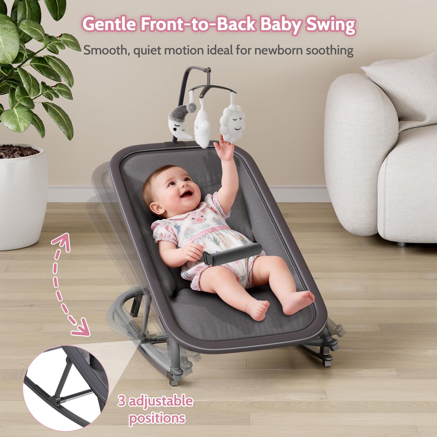Jojoka Baby Swing for Infants, 3-Position Recline Baby Rocker with Toy Bar, Portable Infant Swing Chair with Lockable Stationary Mode, Lightweight Aluminum Frame, Grey