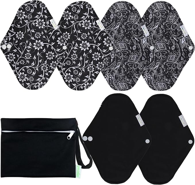Wegreeco Reusable Menstrual Pads - Soft Cloth Sanitary Pads & Panty Liners - 6 Pack with 1 Cloth Mini Wet Bag (Large, Black Flowers)