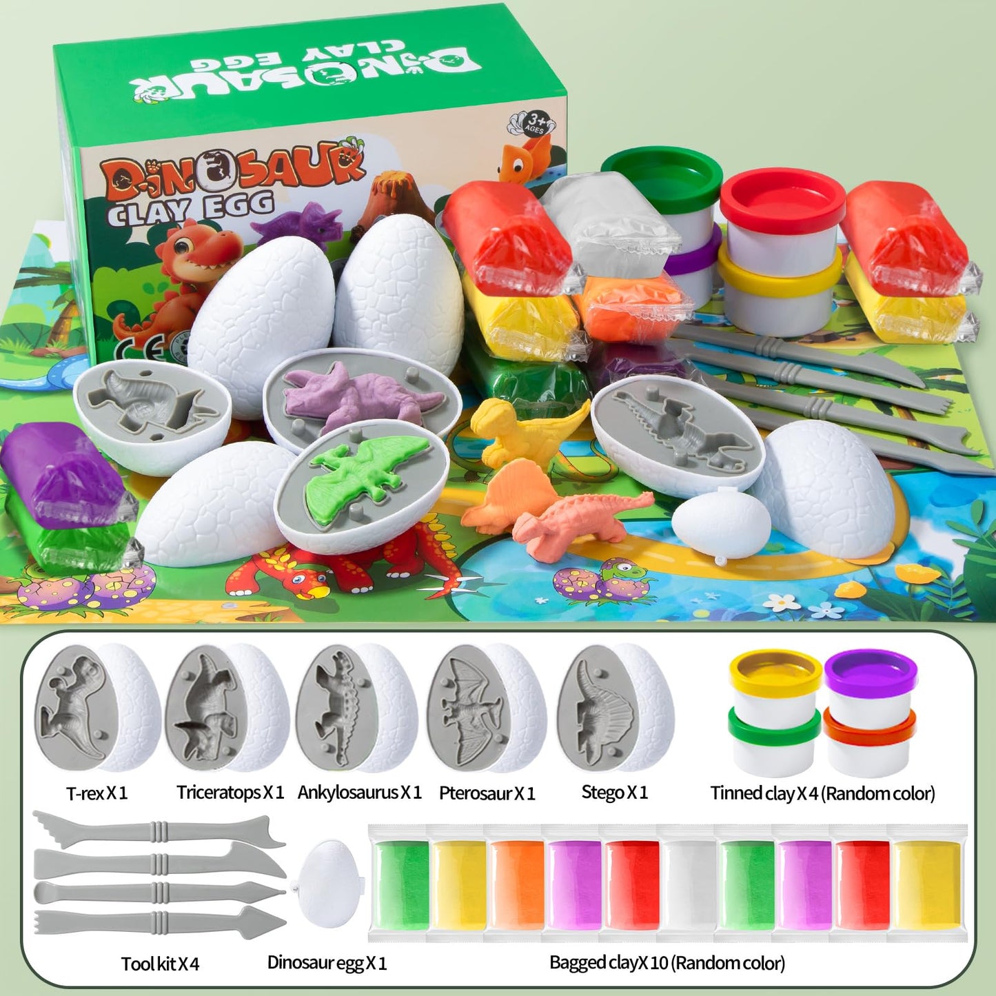 DOLIVE Dinosaur Playdough Sets for Kids Ages 3-5, 5 Dino 3D Toys with Adventure Map, Toddler Easter Basket Stuffers, Easter Dino Play Dough Eggs Molds Toys Gifts