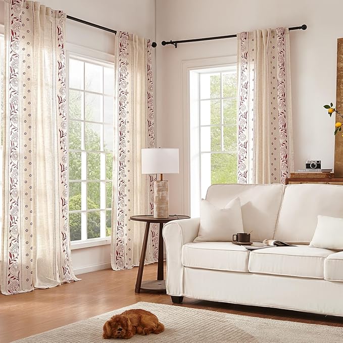 jinchan Winslow Linen Curtains for Bedroom 96 Inches Length Embroidered Bordered Floral Curtains for Living Room Farmhouse Decor Light Filtering Window Treatments Red on Beige Drapes 2 Panels