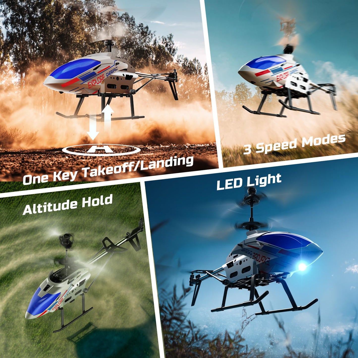 DEERC Remote Control Helicopter, 3.5 CH Altitude Hold RC Helicopters w/Gyro for Beginner, 2 Shells LED Light One Key Take Off/Landing, 2.4GHz Aircraft Indoor Flying Toy for Kids Boys Girls