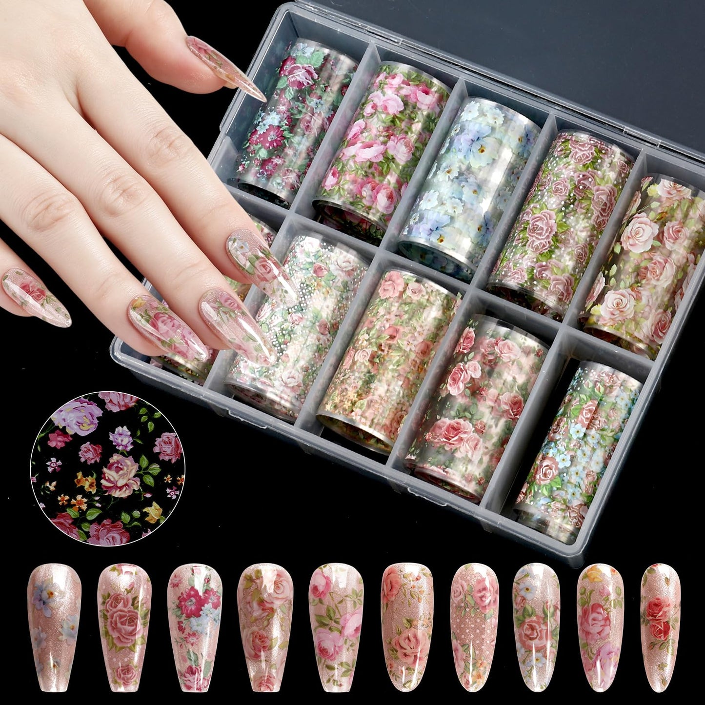 heemeei Nail Foil Transfer Sheets, 20 Rolls Nail Foils Transfer Nail Art(Black White Floral Lace Nail Foil & Spring Flowers Nails Foils Transfer Decals), Transfer Foil for Nails Manicure Decorations