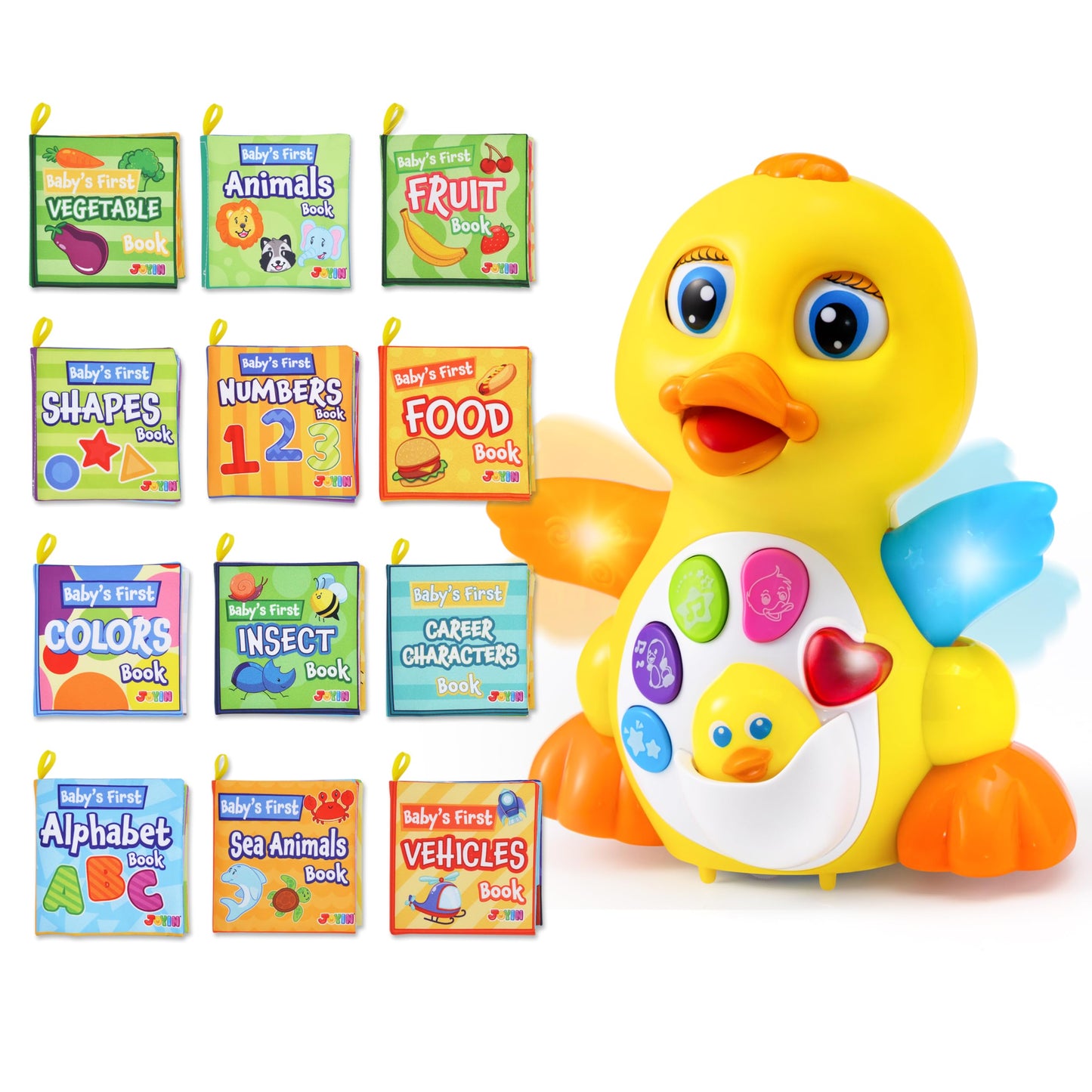 JOYIN Baby Toys Duck with 12 Pcs Bath Books, Infant Musical Toys 6+ Months, Nontoxic Fabric Soft Crinkly Cloth Books