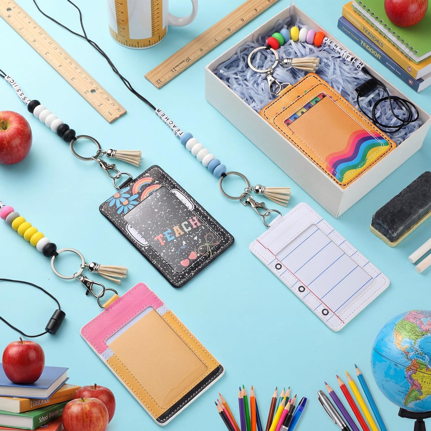 Gueevin 4 Sets/279 Pcs DIY Name Teacher ID Badge Holder with Lanyard Keychain Making Kit DIY Teachers Appreciation Gifts Cute Silicone Bead Lanyards Making for Teacher Office Graduation Supply Gifts