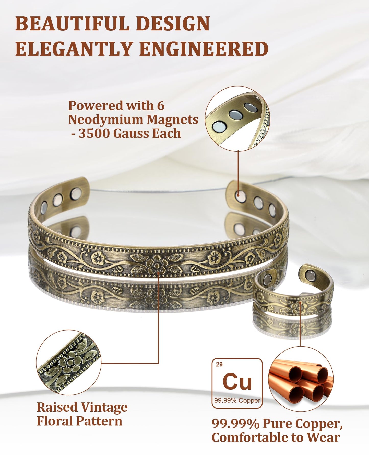 BioMag Copper Bracelet & Ring for Women, 99.99% Pure Copper Magnetic Bracelet Lymphatic Drainage Rings with 3500 Gauss Magnets, Adjustable & Flower Pattern (Antique Bronze Tone)