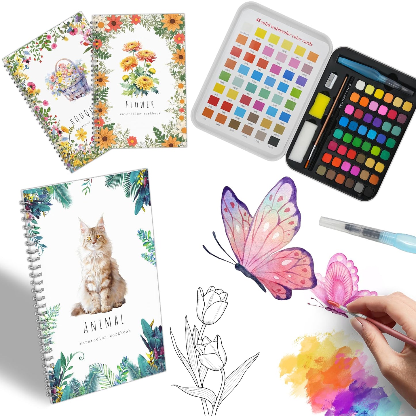 Watercolor Kit for Adults Beginners - 48 Colors Paint Set with 3 Workbooks & 3 Brushes, Step by Step Painting Guide, Create 30 Pictures in 30 Mins, All-in-One Art Supplies Gift