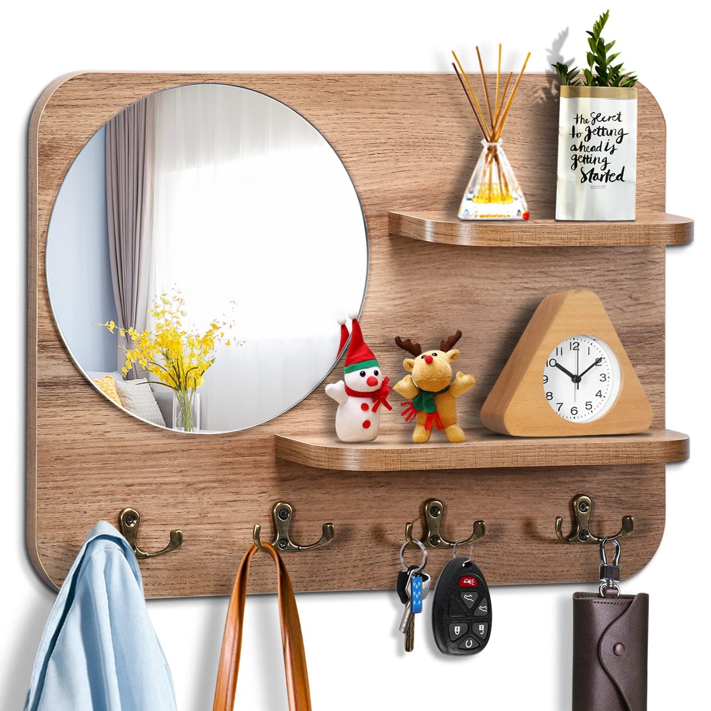 YeadCedle Wooden Key Rack with Mirror, Shelf and 4 Key Hooks for Rustic Entrances, Hallways, Living Rooms and Bedrooms - 16"x12" (Oak Color)