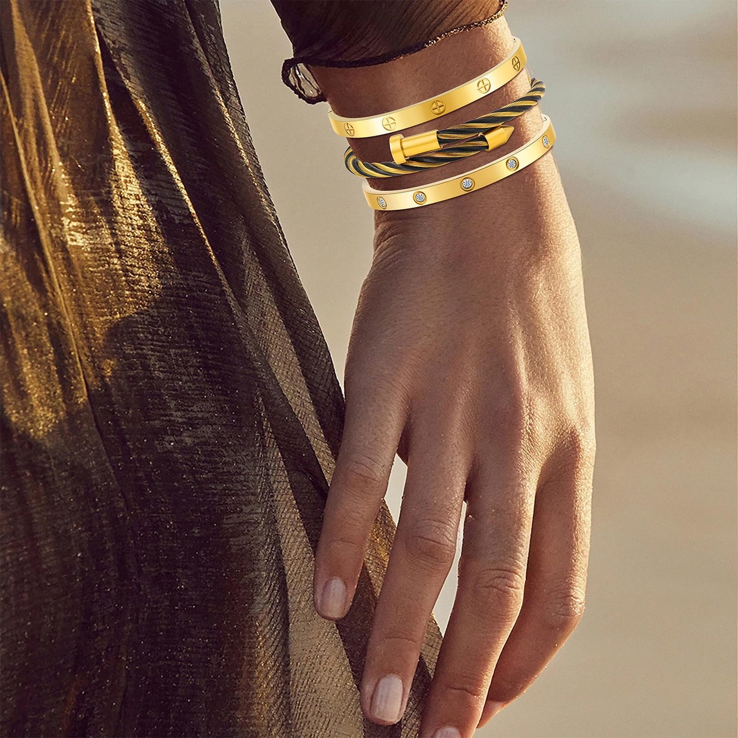 Camhanno Gold Bracelets for Women - Stackable Bangles with Friendship & Love Theme - Stainless Steel Jewelry Gift for Her (Style 11)