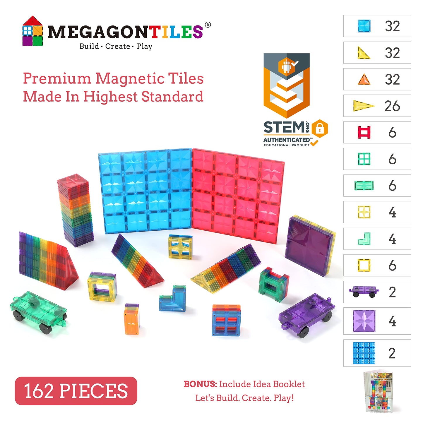 MEGAGONTILES 162PCS Premium Magnetic Tiles Set | STEM-Authenticated Magnetic Building Blocks | Educational Construction Toy for Kids Ages 3–8 (Boys & Girls)