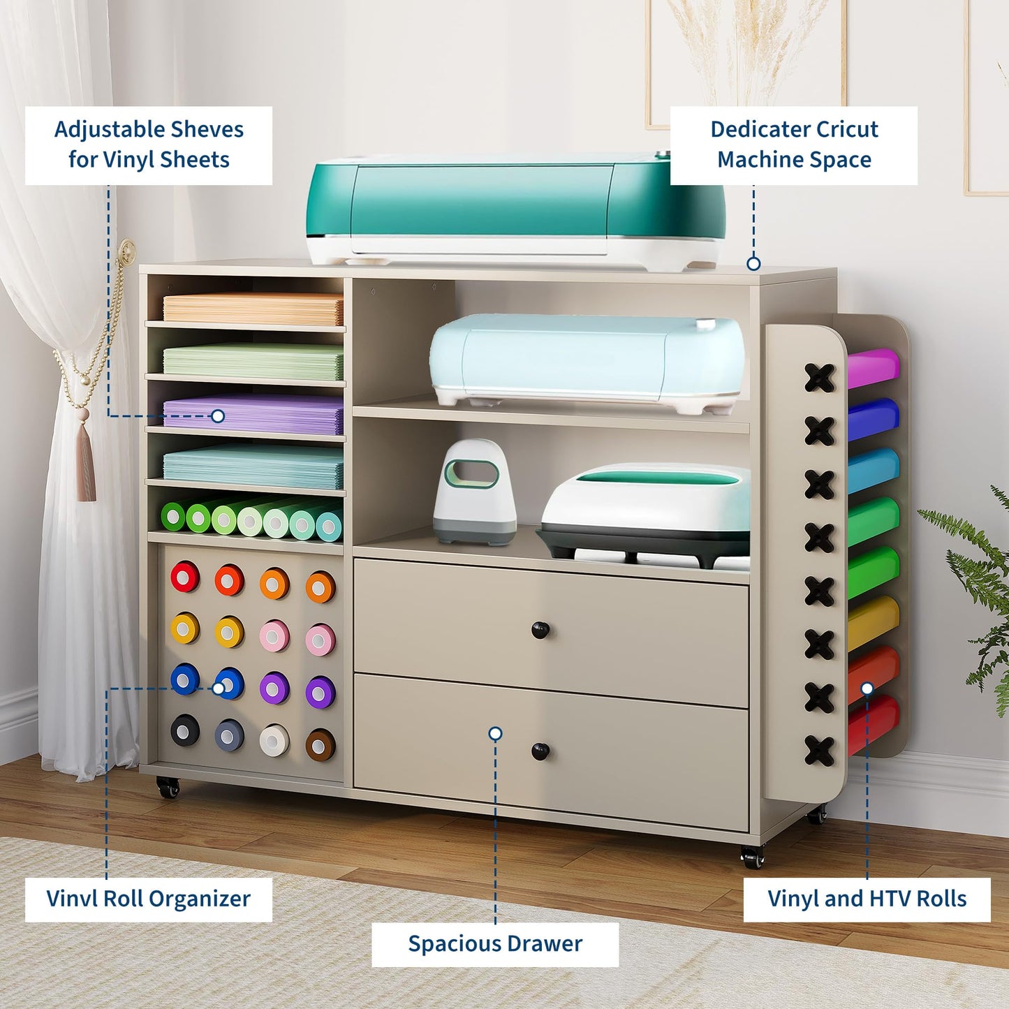 Garvee Craft Table Cricut Cart Storage Cabinet Compatible with Cricut Machines with 2 Drawers & 24 Vinyl Roll Holder, Craft Station Accessories Organizer
