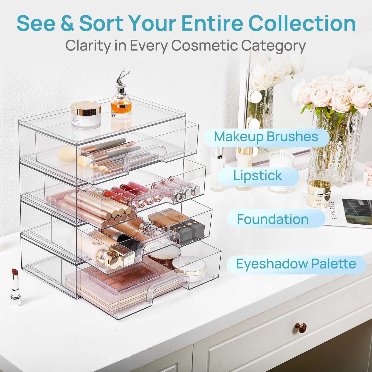 Vtopmart 12.1''W Clear Stackable Storage Drawers,2 Pack Acrylic Plastic Organizers Bins for Makeup Palettes, Cosmetics, and Beauty Supplies,Ideal for Vanity, Bathroom,Cabinet,Desk Organization