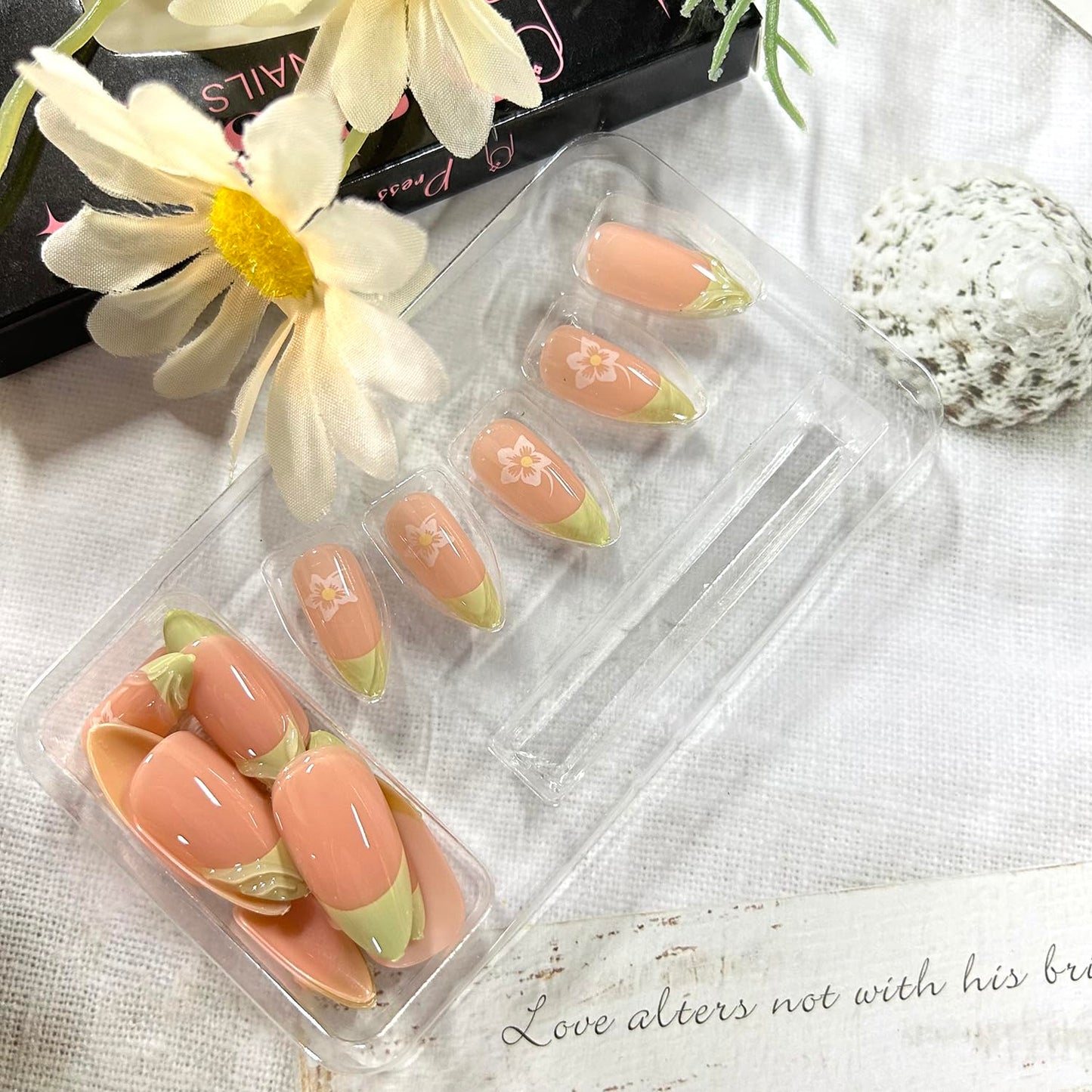 CJDLTS Green French Tip 3D Acrylic False Nails Flower Press on Nails Almond Medium Length Full Cover Glossy Nude Artificial Fingernails White Floral Pattern Design 24Pcs DIY Glue on Nails for Women