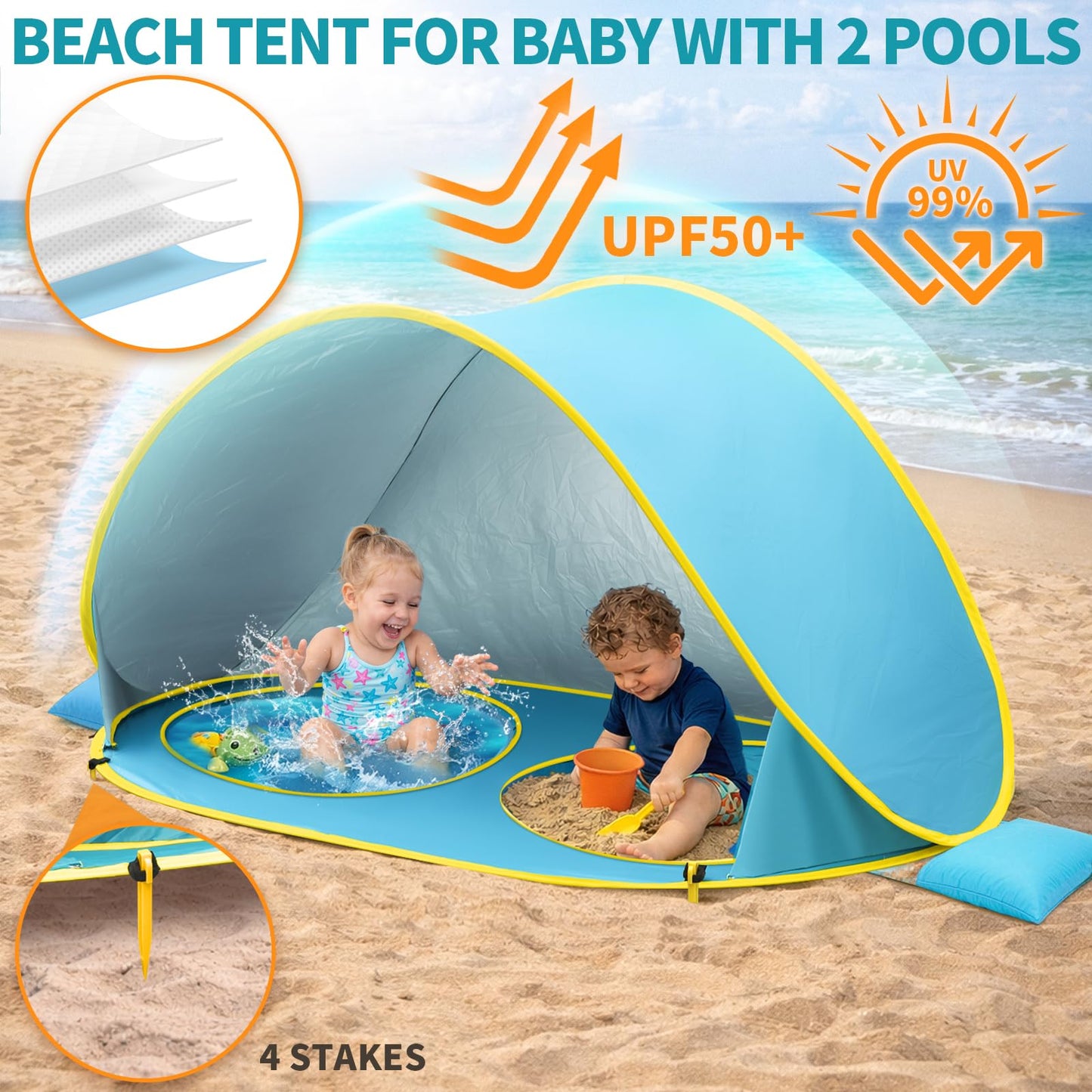 QTREE intelligence 2-IN-1 Baby Beach Tent with 2 Pool for 2 kids,74.8*41.7*35.4 inch UV Protection Sun Shelter Pop Up Play Canopy, Easy setup portable tent for Beach,Camping,Picnic,Poolside,Indoor