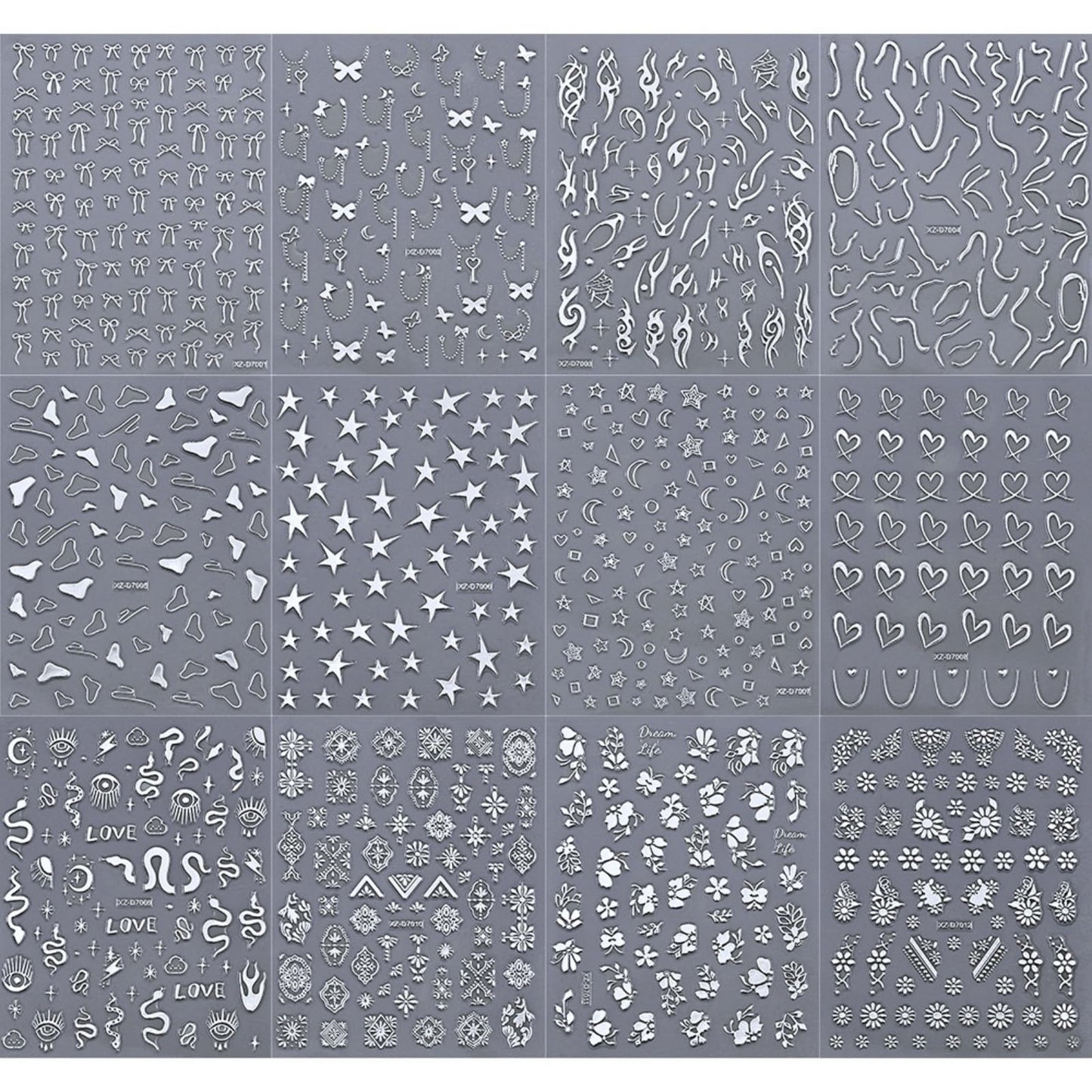 12 Sheets Silver Nail Art Stickers, 3D Self-Adhesive Bronzing Sun Moon Stars Bow Designs Nail Sticker Acrylic Manicure Decals Decorations Accessory for Women Girls