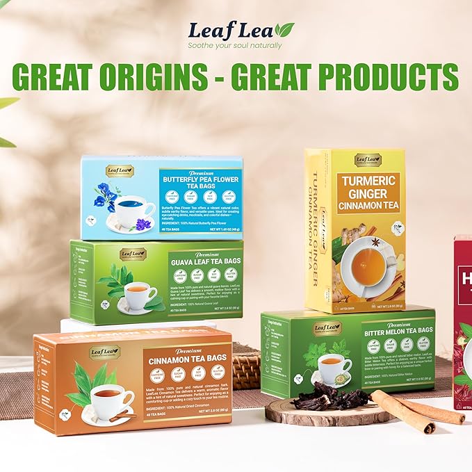 LeafLea 40 Cinnamon Tea Bags, 100% Natural Ground Cinnamon Stick Herbal Tea, Spiced and Warming Flavor for Relaxation, Caffeine-Free, Sugar-Free, Non-GMO, Vegan