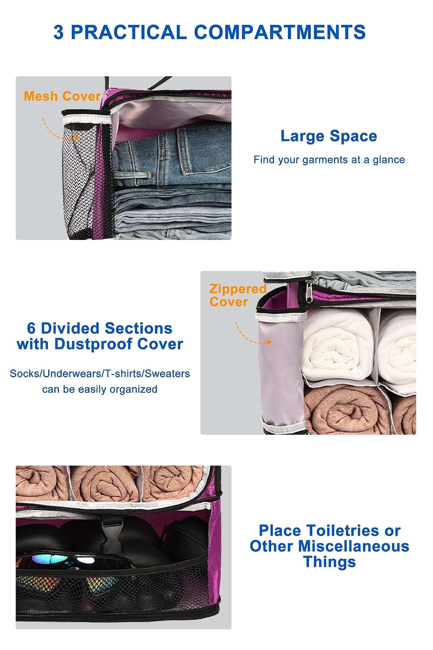 ELEZAY Hanging Packing Cubes Portable Closet 3-Shelf Travel Collapsible Compression Garment Organizer for Carry-on Luggage Suitcase Space Saver Bag X-Large_No Side Pockets, Purple