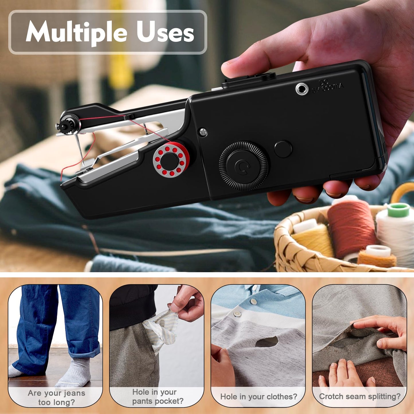 Hand Held Sewing Machine, with Red Wooden Sewing Box and 143 PCS Sewing Kit, Mini Portable Handheld Sewing Machine for Adults and Beginners, with a Power Adapter and Heavy-Duty Scissors