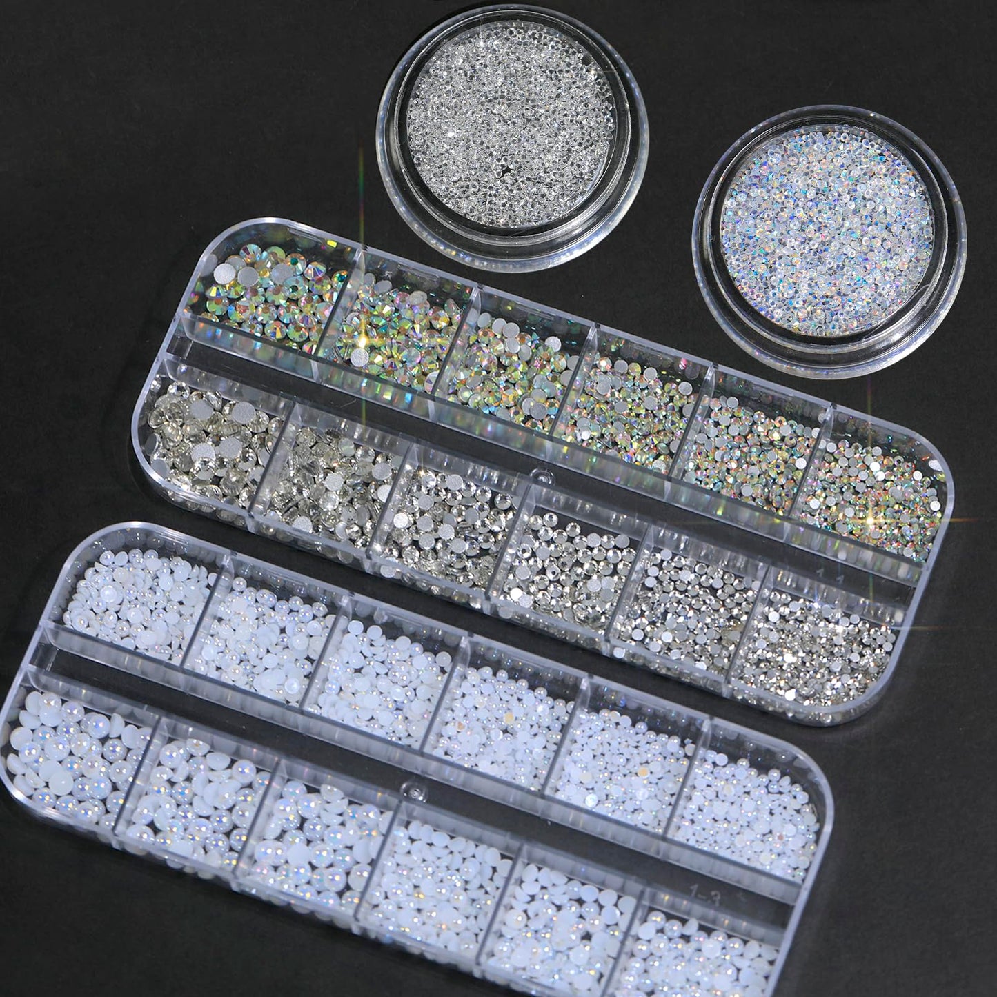 DZHILHMX Nail Rhinestones Pearls - Nail Charms for Acrylics, Flatback, Half Rounds, 4 Boxes, Crystals Gems, with Kit, for DIY Nail Art Decor