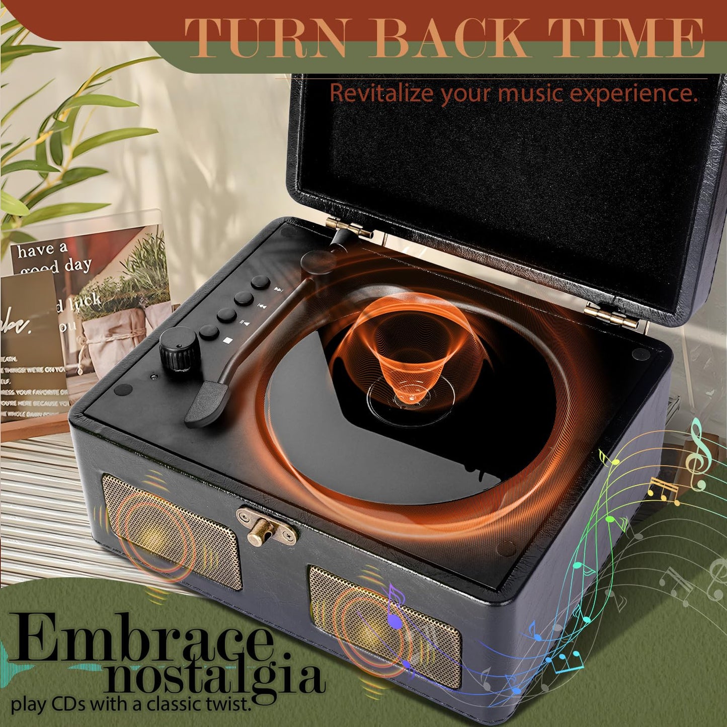 RetroBeat Time Vintage Portable Music Box – CD with Speakers, Bluetooth Transmitter, Rechargeable, USB/AUX, Multi‑Mode Gift(Black)