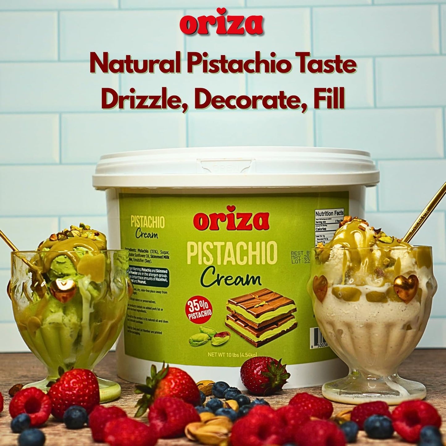 Oriza Pistachio Cream, 10lbs Pail (Pack of 2) – Premium Bakery Spread with 35% Pistachios, Palm Oil Free, Non-GMO – Ideal for Pastries, Gelato, Cakes & Dessert Filling