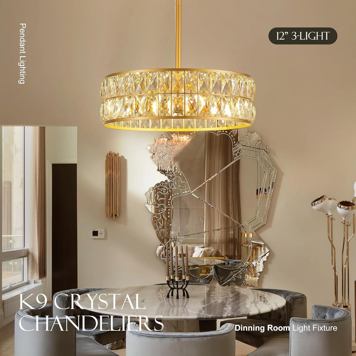 16” 4-Light Modern Crystal Chandeliers Gold Dinning Room Light Fixture, Round Pendant Light Kitchen Island Chandelier, Flush Mount Ceiling Light for Living Room Entryway Bedroom Foyer