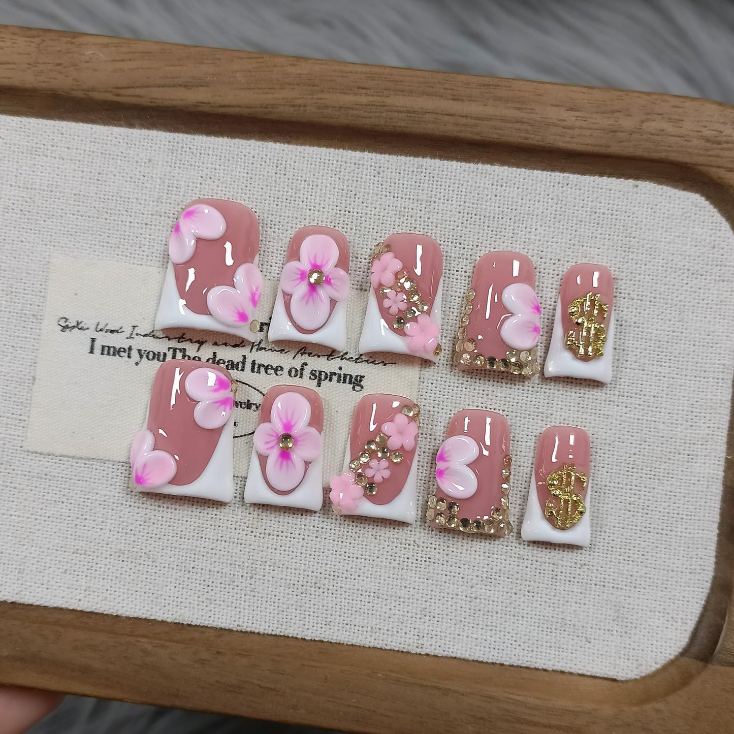 TENPAL Duckbill Press on Nails - White Pink 3D Floral French Tip Fake Nails with Rhinestones | Icy Glossy False Nails with Tools| Handmade Soft Gel Y2K Duck Nails(S)