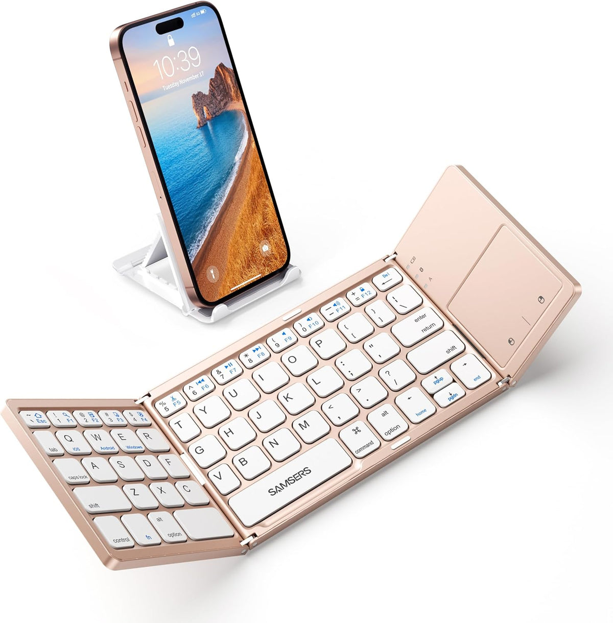 Samsers Foldable Bluetooth Keyboard with Touchpad - Portable Wireless Keyboard with Holder, Rechargeable Full Size Ultra Slim Pocket Folding Keyboards for Android Windows iOS Tablet & Laptop - Pink