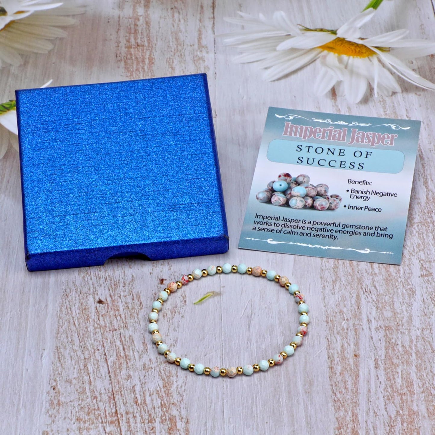 QOGIR Imperial Jasper - Stone of Success - 14K Gold Plated Beads Natural Gemstone Stretch Elastic Dainty Healing Beaded Bracelets Gifts 4mm