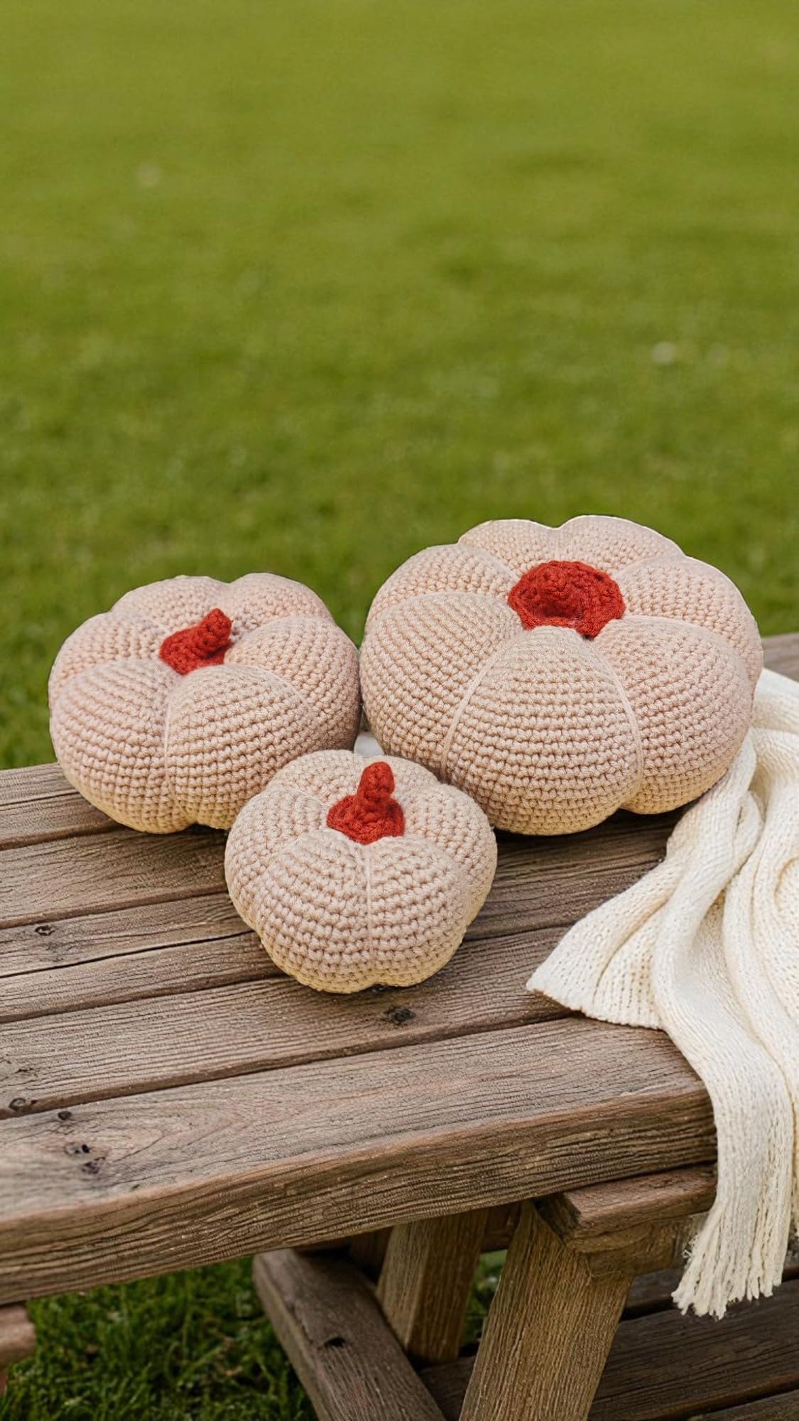 Halloween Decorative Crochet Handmade Pumpkins Set of 3 Tabletop or Shelf Decor, Spooky Fall Table Accent Ivory Tiered Fall Decoration
