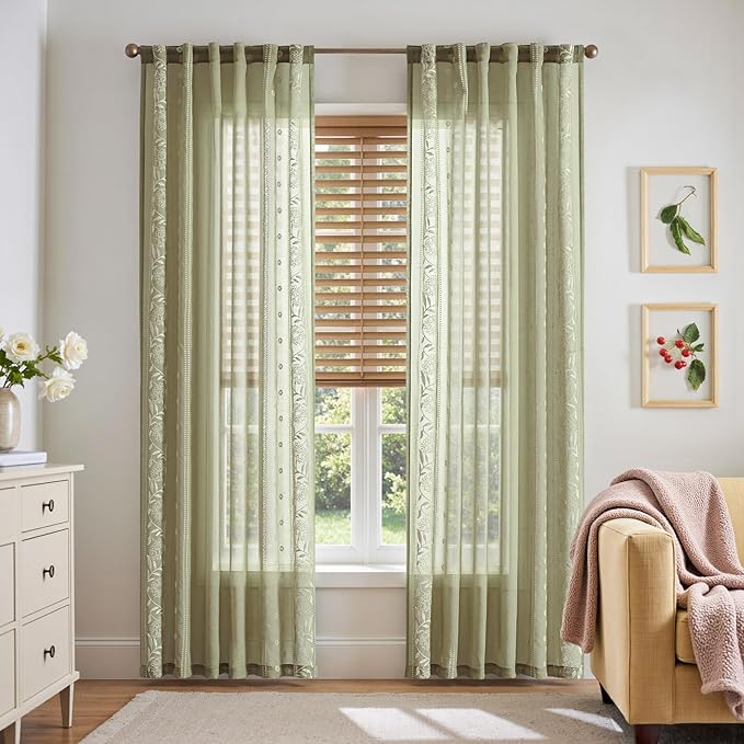 jinchan Winslow Sage Sheer Curtains 84 Inch for Bedroom Living Room Embroidered Bordered Floral Nursery Curtains for Playroom Dorm Light Filtering, Ivory on Sage, 2 Panels, 50W x 84L