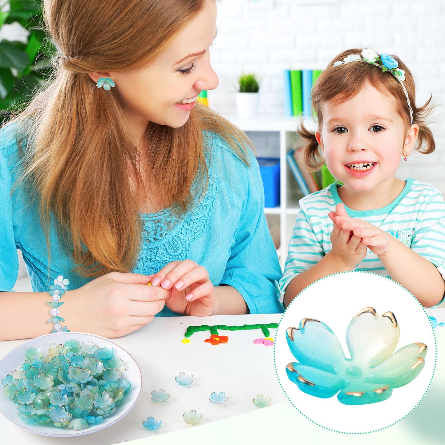 CustomyLife 100pcs Cherry Blossom Beads, 5-Petal Gradient Acrylic Flower Beads, Mini Spacer Hair Accessories Halloween Christmas for Bracelets Earring Jewelry Making- Blue & Green