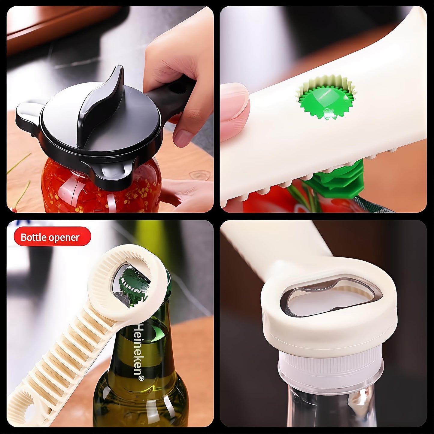 4-in-1 Adjustable Jar Opener – Stainless Steel Lid & Bottle Opener, Heavy Duty Easy Grip for Weak Hands, Fits 1–4 Inch Caps, Kitchen Tool for Seniors & Arthritis (Black)