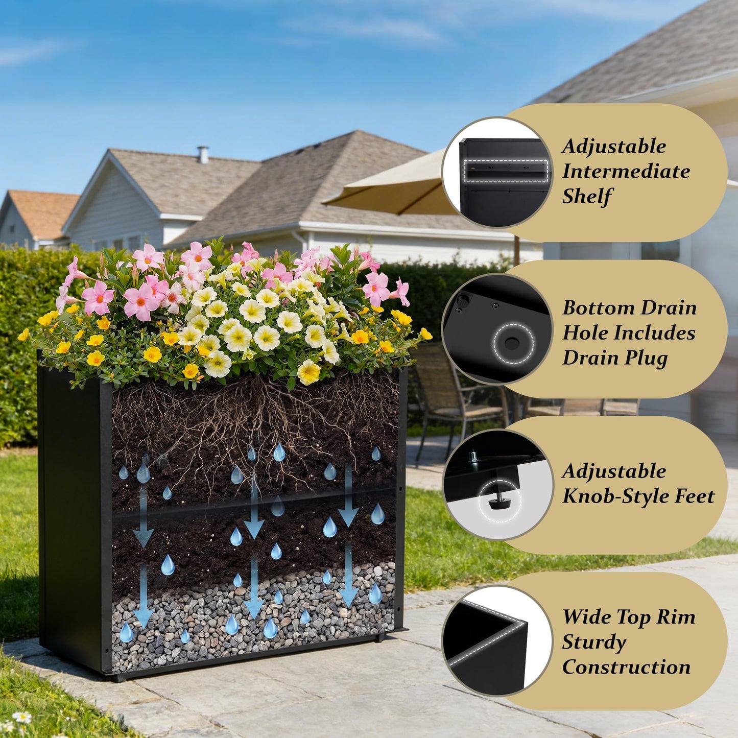 38"X13" X 30" Outdoor Planter Block Tall Rectangular Skinmy, Black Metal Patio Planters for Privacy Screen Planter Box Front Porch Adjustable with Drainage Holes & Rust-Proof Coatin (Black, 1)