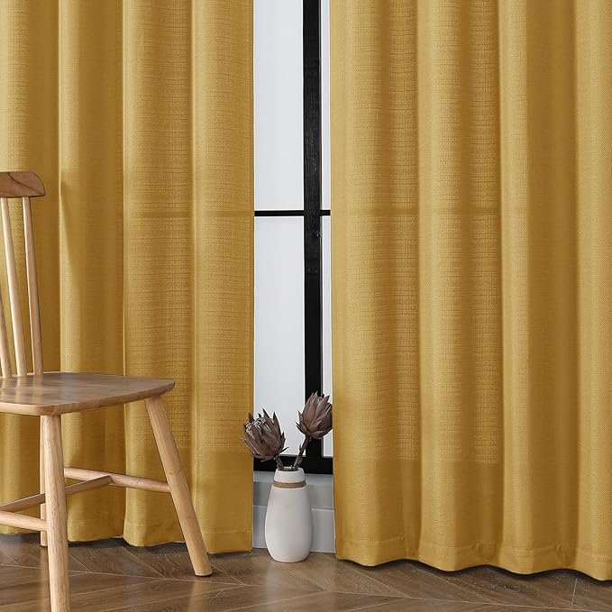 Chyhomenyc Gold Curtains 84 Inch Length 2 Panels Set, Faux Linen Textured Semi Sheer Light Filtering Soft Airy Privacy Farmhouse Curtain Drapes for Living Room Bedroom, Cortinas para Sala, 40Wx84L