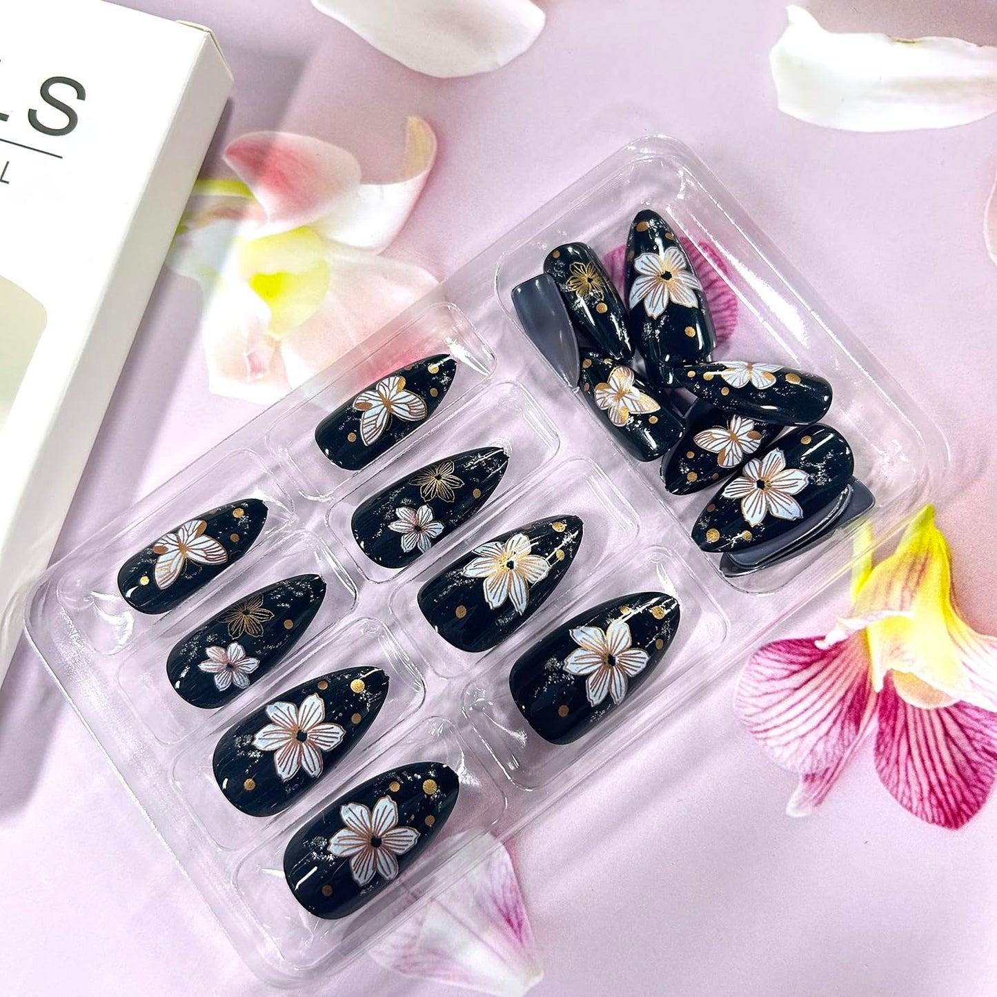 Flower Black Press on Nails Medium Artificial Acrylic False Nails Metal Butterfly with Stick on Nail Full Cover Rhinestones Almond Reusable Coffin Artificial Floral Fingernails for Women Manicure
