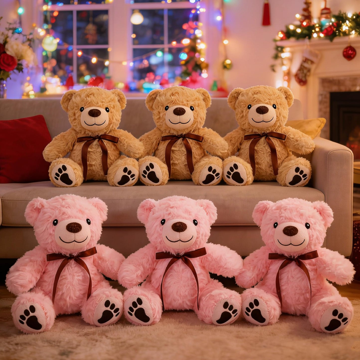EEYQR 6Pcs Teddy Bear Stuffed Animals Bulk for Baby Shower, Small Stuffed Teddy Bear Plush, Bulk Bears Plush Toys for Baby Shower Party Decorations Christmas Valentine's Day (Brown, Pink)