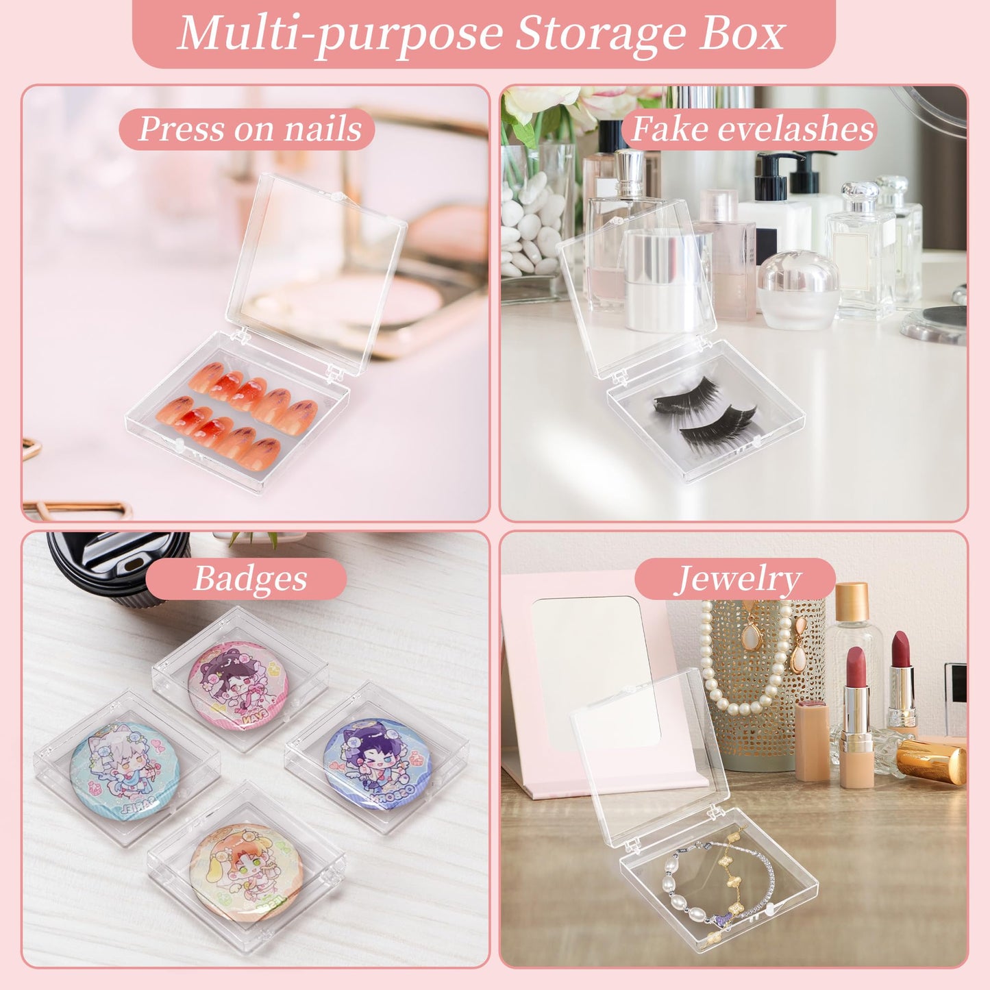 Axigundaone 36 Pcs Press on Nail Storage Box, 2.8 x 2.8 Inch Clear Nail Case with 120 Pcs Adhesive Double Sided Tapes, Press on Nail Packaging Box for False Nail