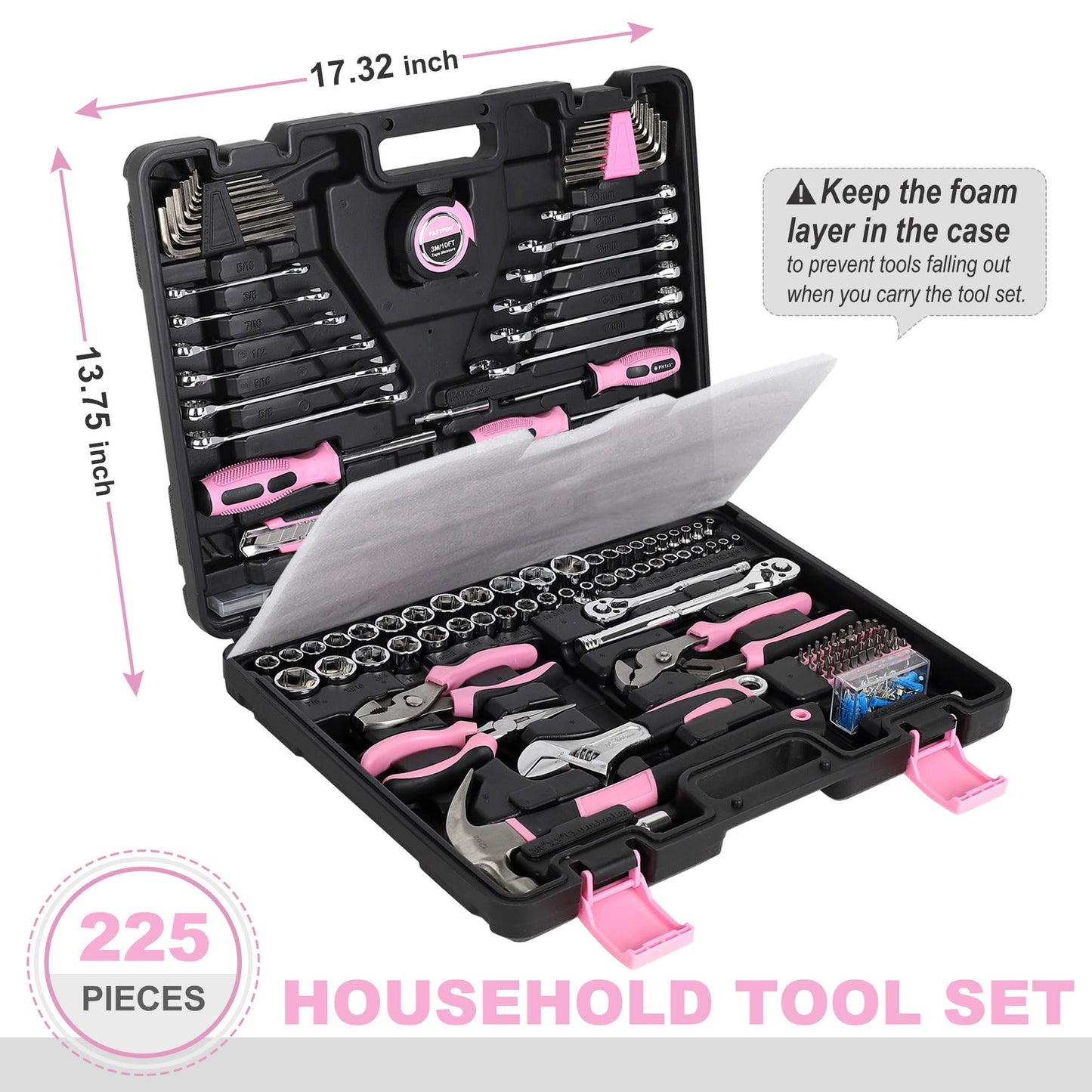 FASTPRO 225-Piece Pink Tool Set, SAE & Metric Mechanics Hand Tool Set with Toolbox, Home/Auto Repairing Tool Kit for DIY, Home Maintenance and Car Repairing
