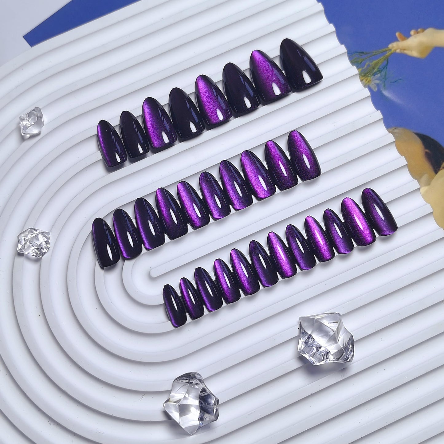 KQueenest Purple Cat Eye Press on Nails Almond Shape, 30 Pcs Black Glitter Fake Nails Medium, Thick Dark Sparkly Nails Press on, Shiny Acrylic Nails, Cute Bling Stick on Nails for Women Manicure