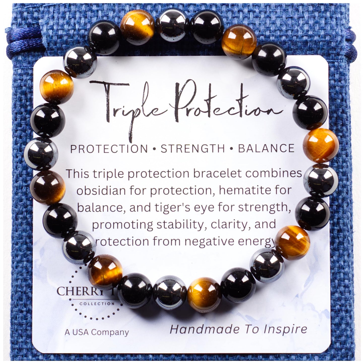 Cherry Tree Collection Triple Protection Bracelet – Handmade Healing Crystal Bracelet with Tiger’s Eye, Black Obsidian & Hematite – 8mm Natural Gemstone Beaded Bracelet for Men & Women – (Small)