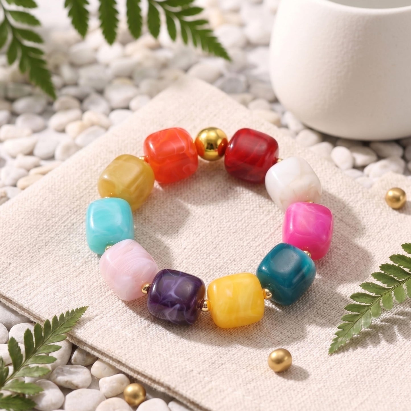 chorfla Boho Beaded Bracelet for Women,Colorful Rainbow Chunky Resin Elastic Bracelet, Handmade Style Summer Jewelry Gift