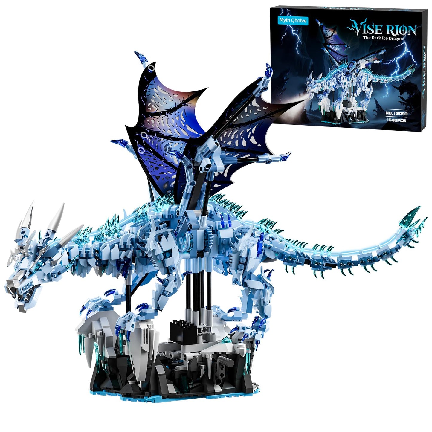 Myth Qholve Mechanical Dark Ice Dragon Building Block Set with Hand Crank Motion Movable Head, Wings & Limbs Fantasy Dragon Model Kit for Teens & Adults