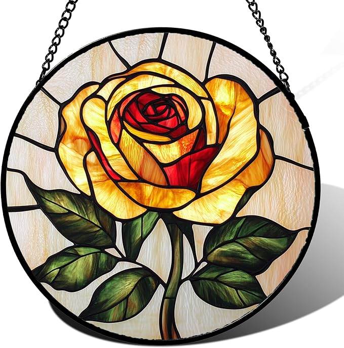 Stained Glass Window Hanging - Elegant Yellow Rose Flower Sun Catcher for Door Garden Home Decor Suncatcher Christmas Mother's Day Birthday Gifts for Women Mom Girl Nana Friend 6.3 in