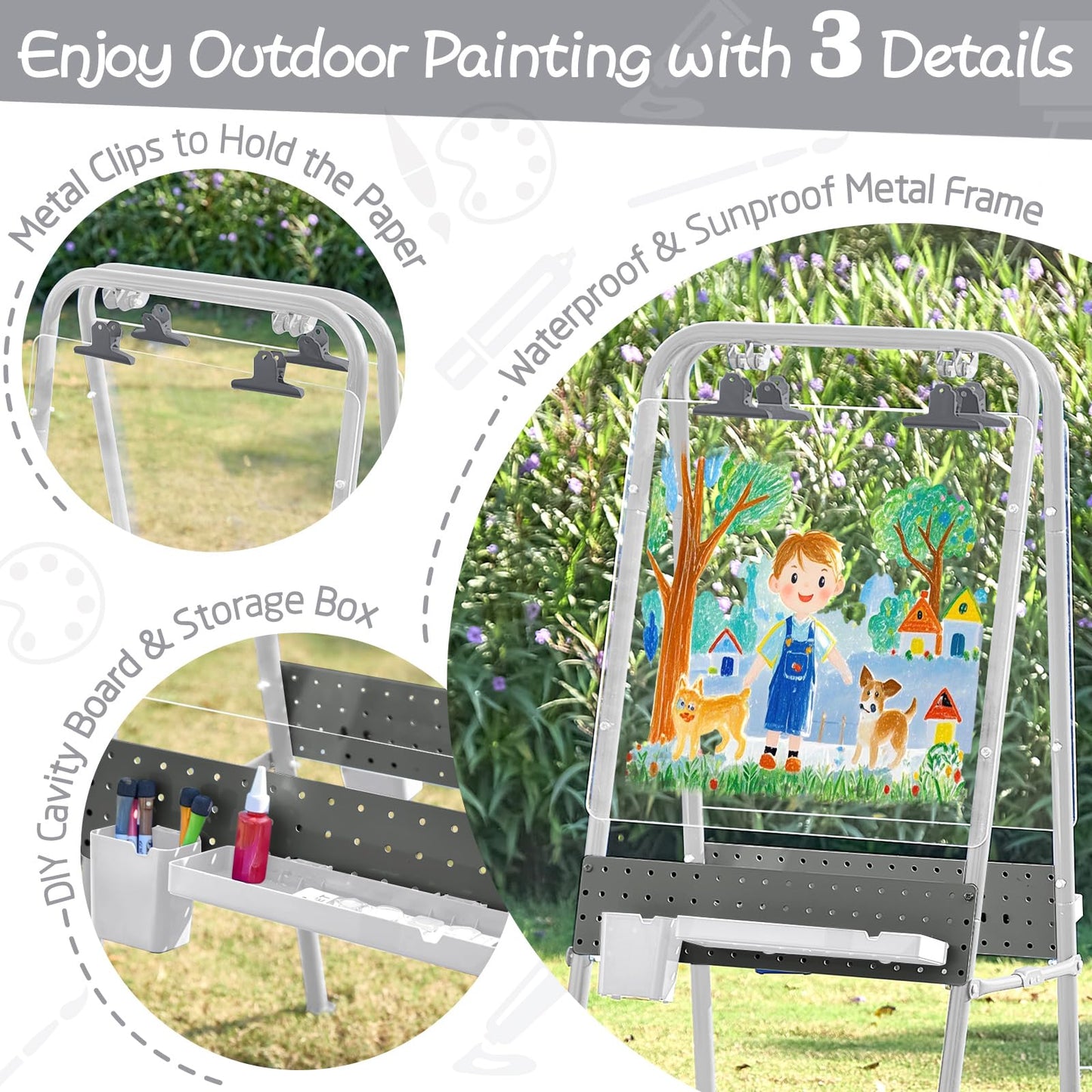 FUNLIO 2-in-1 Outdoor Easel for Kids Ages 3+, Foldable Waterproof & Sunproof Toddler Easel, Double-Sided Kids Art Easel with 2 Acrylic Boards & 20+ Accessories, Portable and Stable - Grey